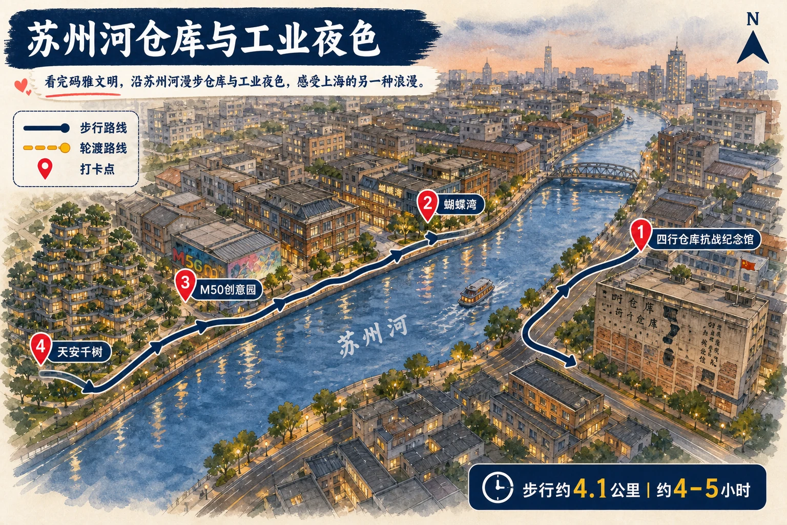 苏州河仓库与工业夜色路线插画