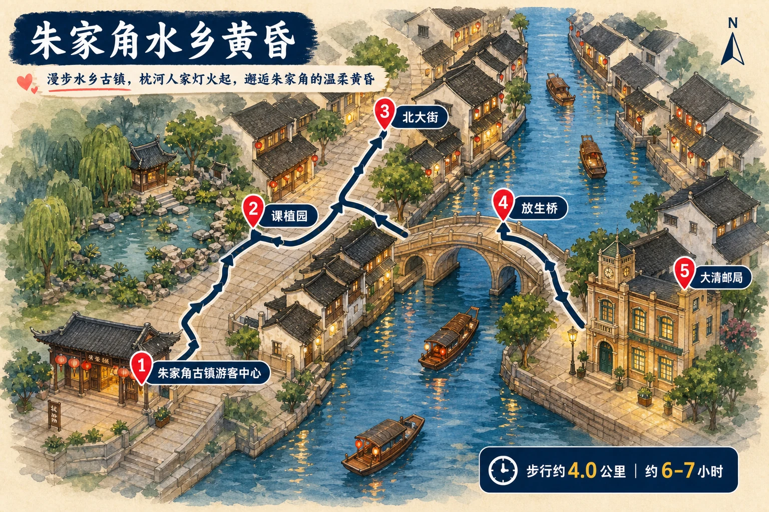 朱家角水乡黄昏路线插画